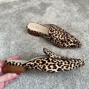 COLE HAAN Piper Sz 8.5 Leather Pointed-Toe Mules Calf Hair Slip On Flats Leopard